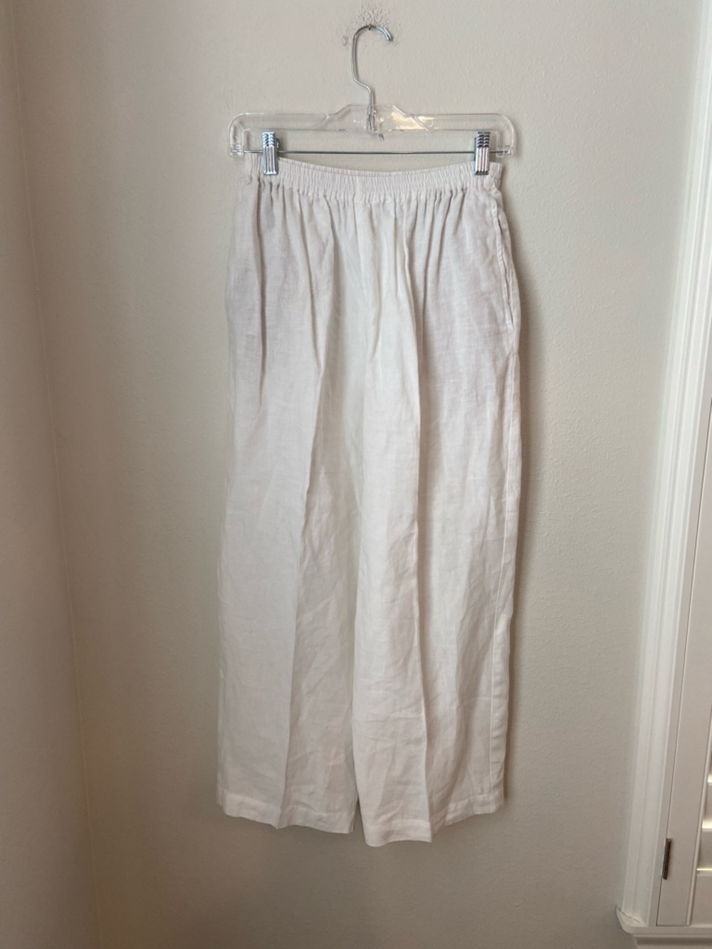 Eskandar White Linen Pull-On Pants Wide Leg Cropped Elastic Waist Size 0